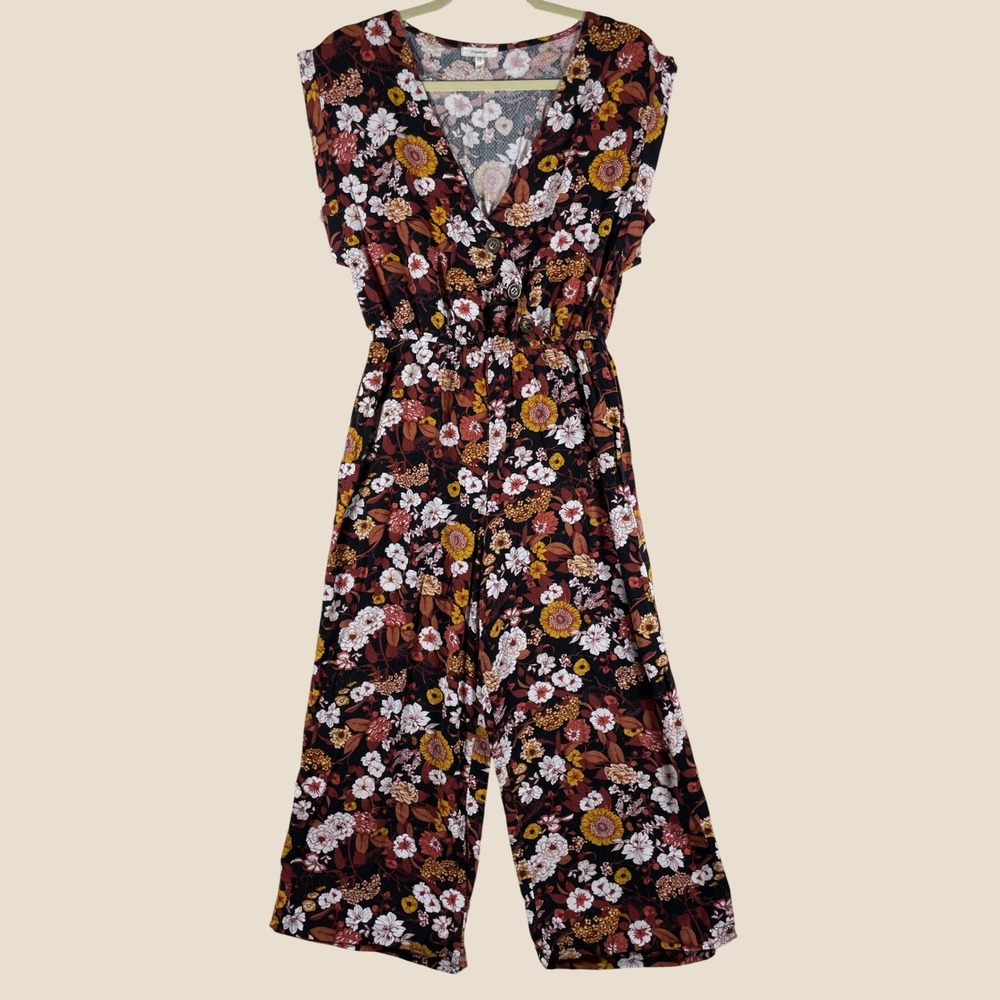 dark floral jumpsuit cropped flowy leg crossover top M boho whimsigoth rust fall